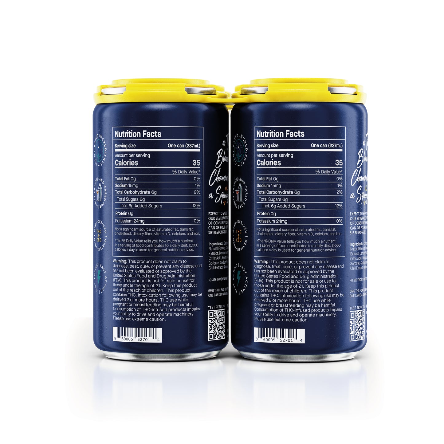 Two blue cans with yellow lids showing nutrition facts on a white background