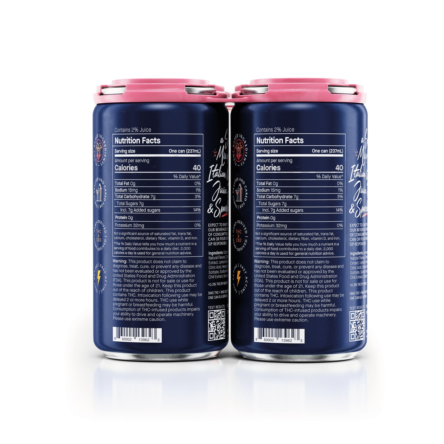 Two blue cans with pink tops on a white background, showing nutrition facts labels.