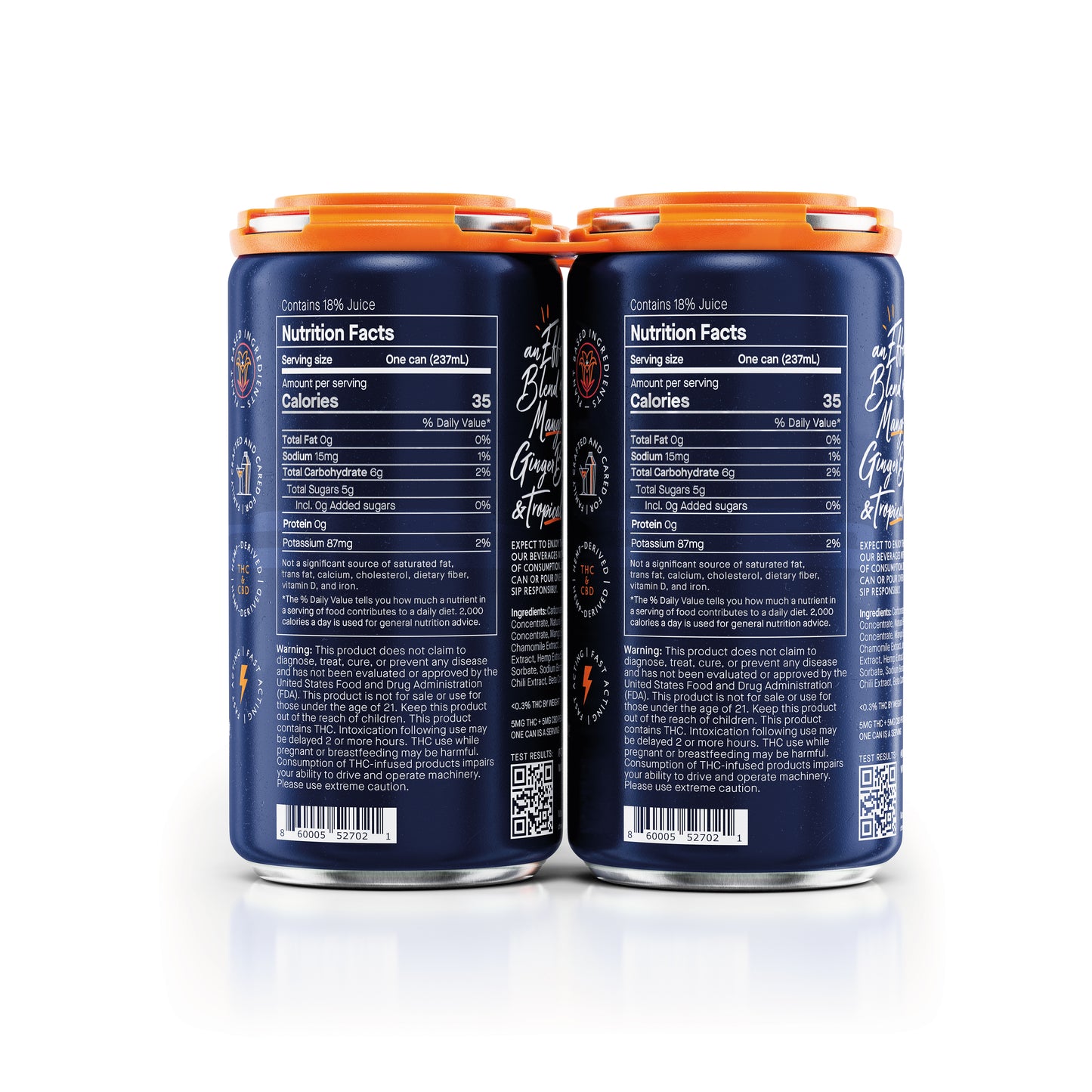 Two blue cans with orange lids on a white background