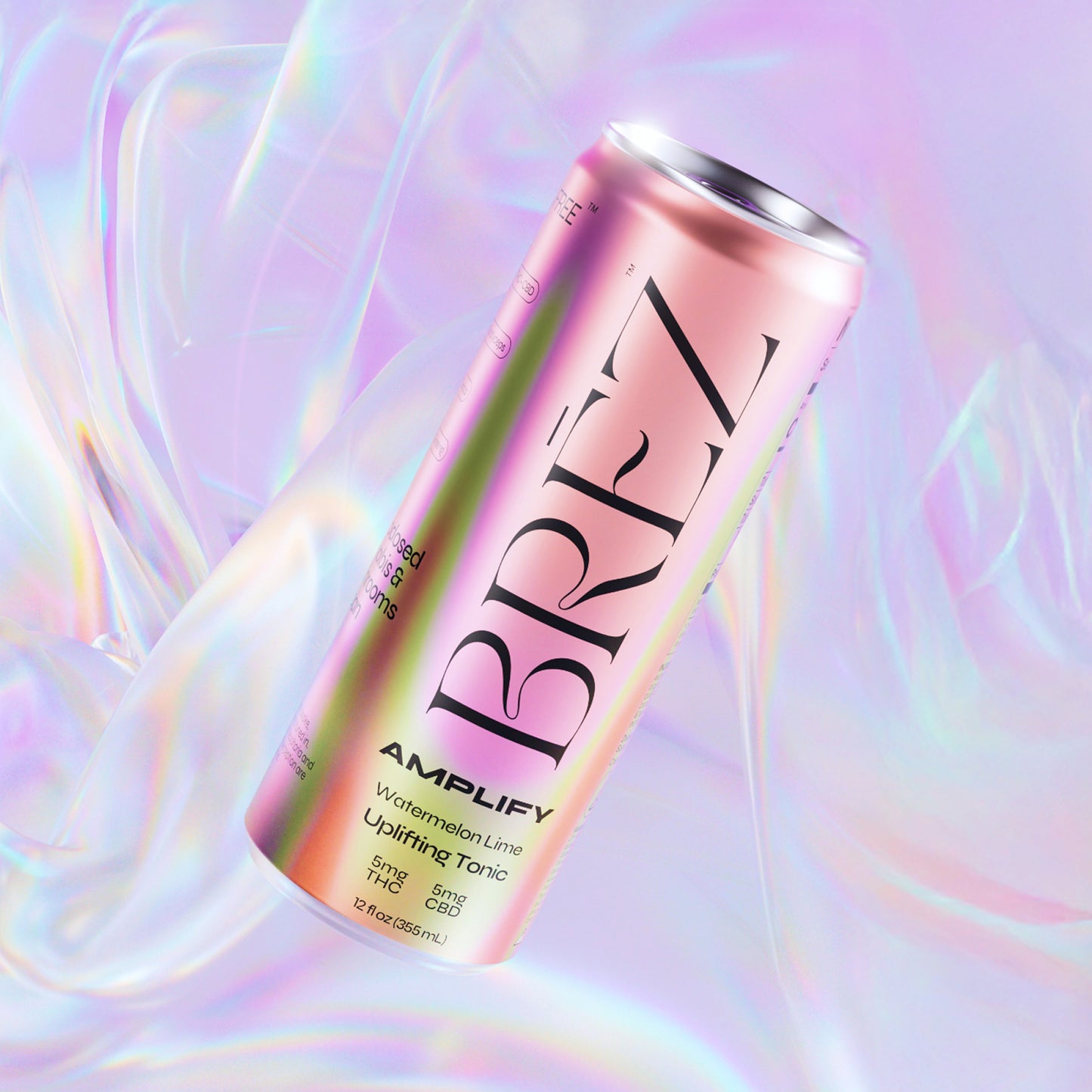 BREZ Amplify can on a colorful, abstract background