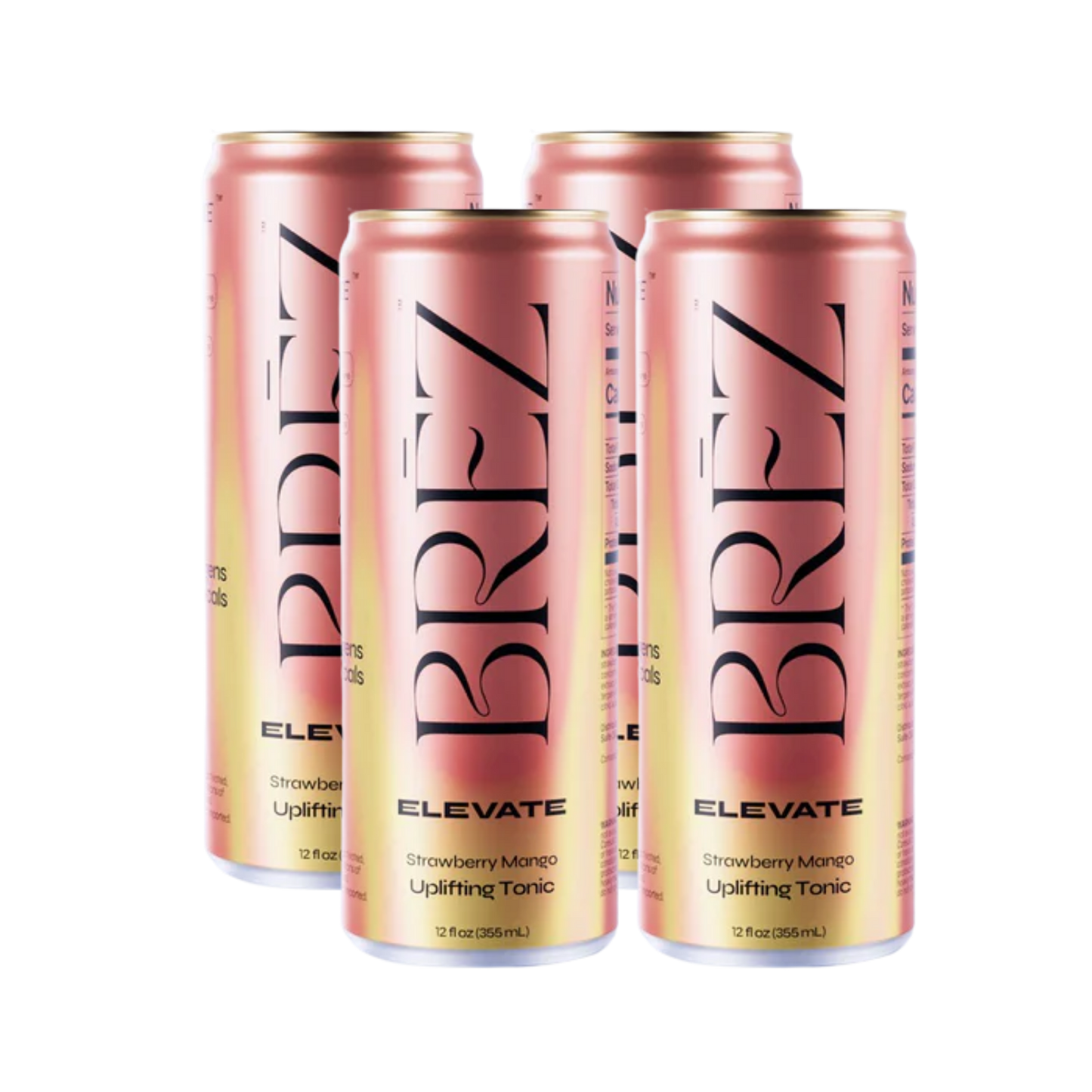 Four pink cans of BREZ Elevate on a white background