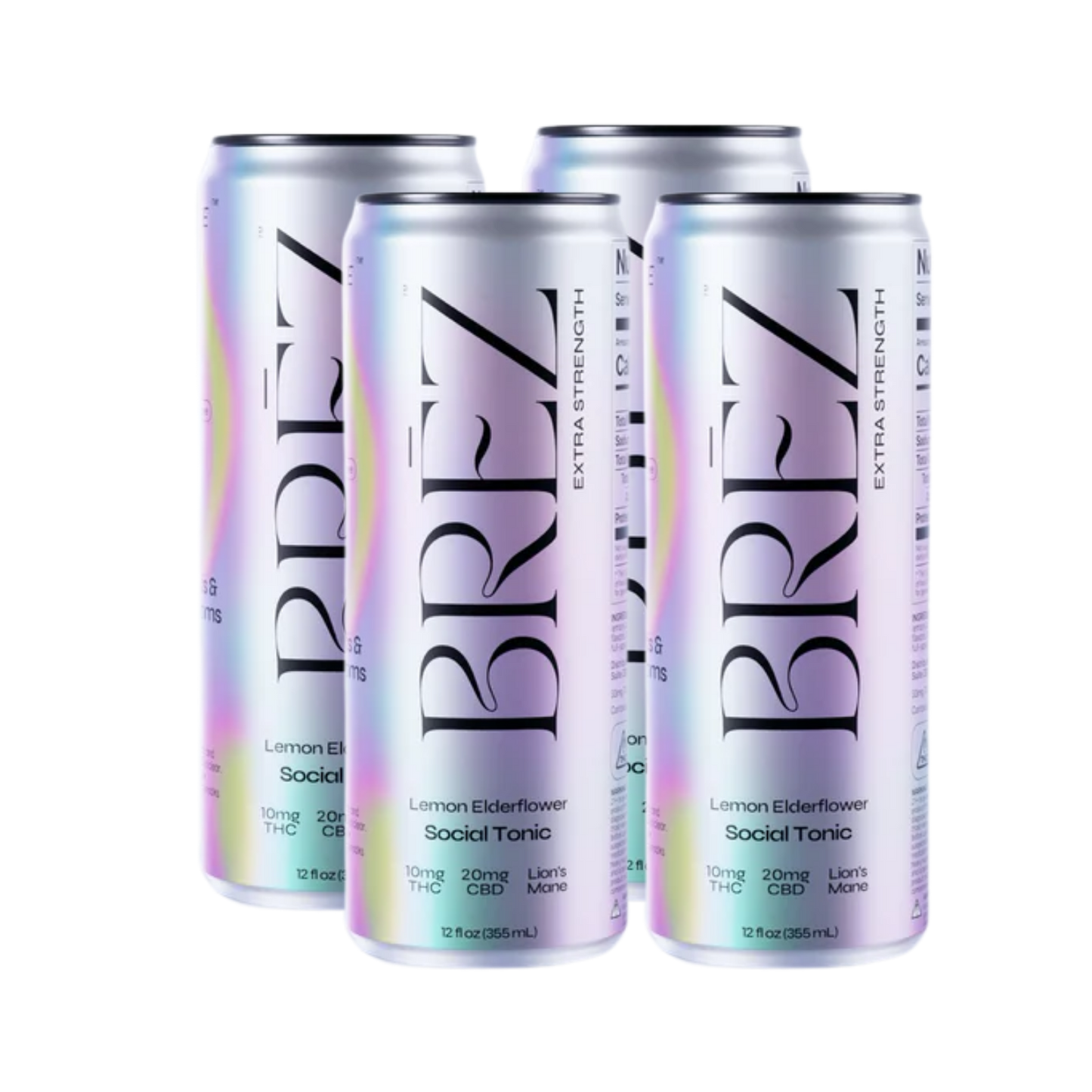 Four cans of BREZ Lemon Elderflower Social Tonic on a white background