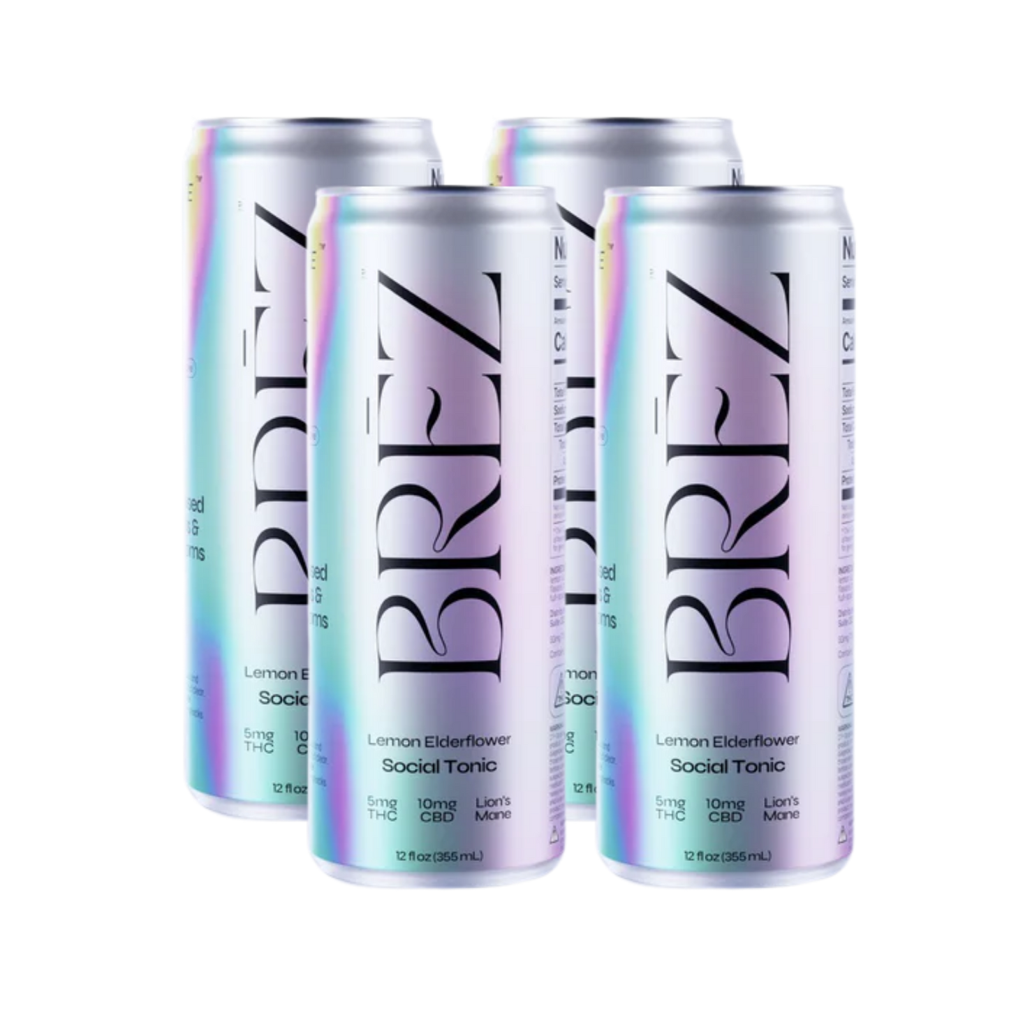 Five cans of BREZ Lemon Elderflower Social Tonic on a white background