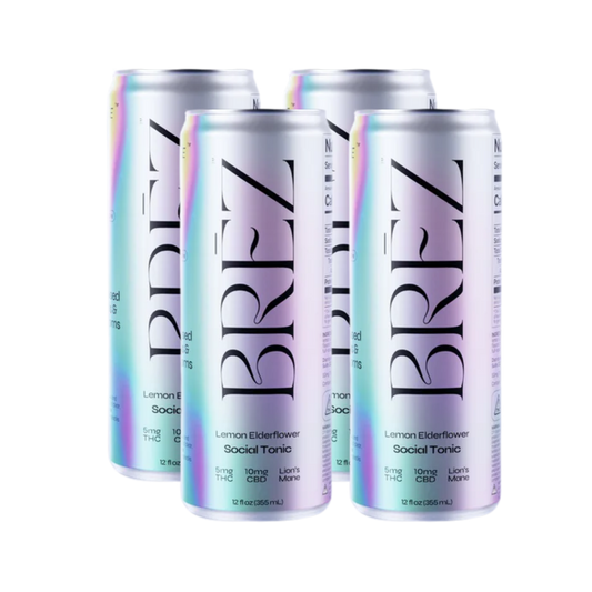 Five cans of BREZ Lemon Elderflower Social Tonic on a white background