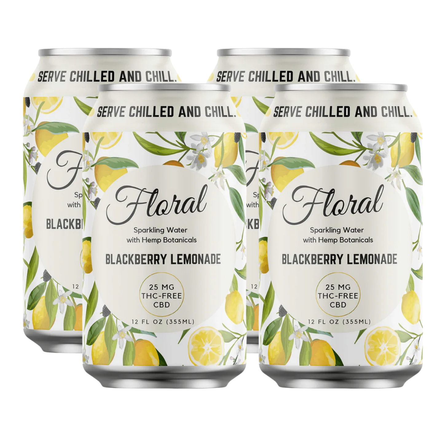 Three cans of 'Floral' Blackberry Lemonade sparkling water on a white background