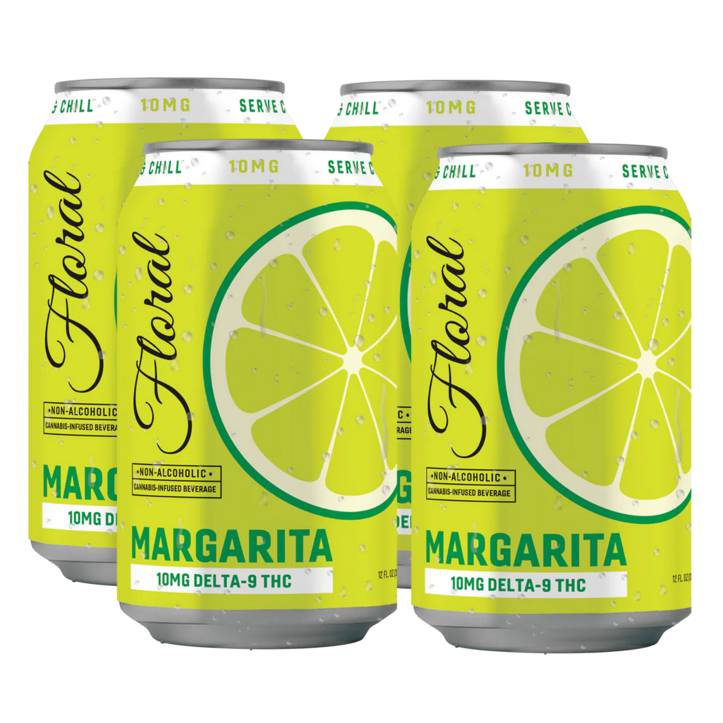 Four cans of Floral Margarita with lemon slices on a white background