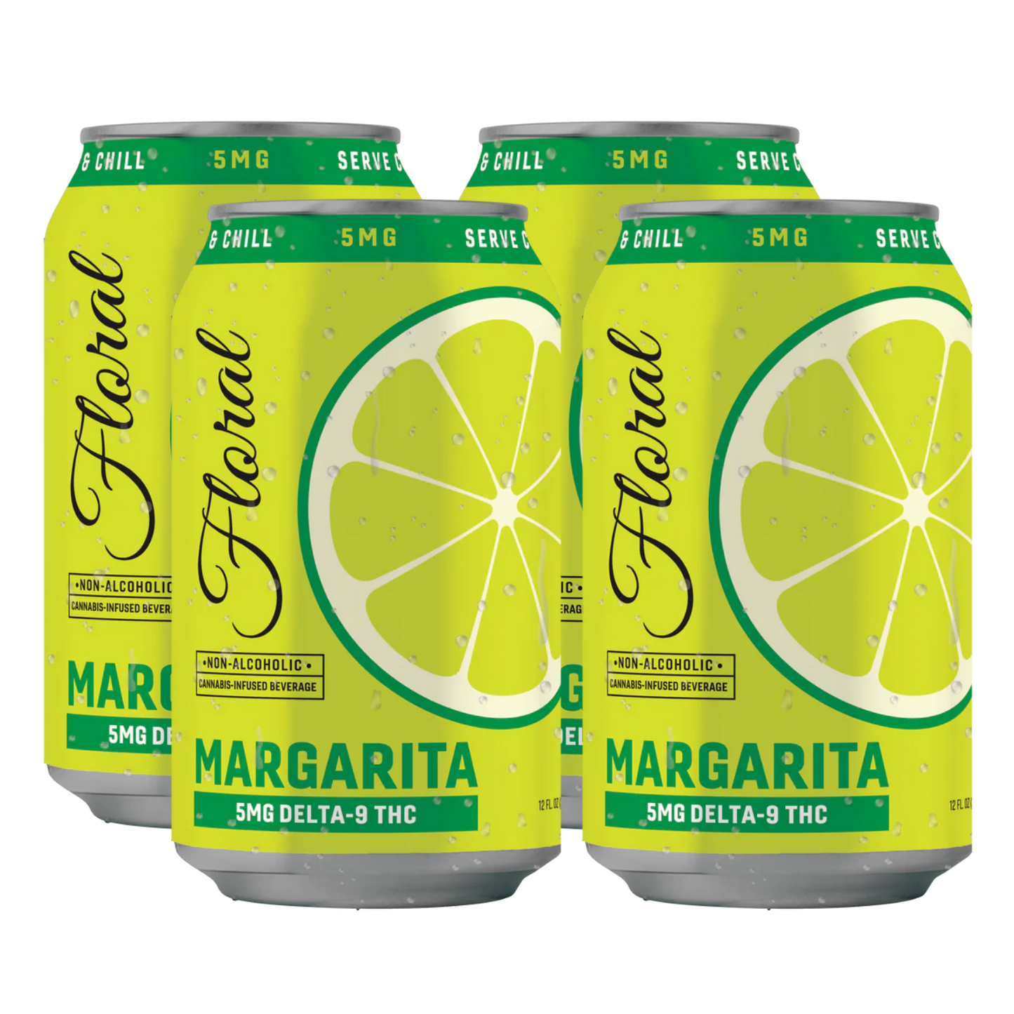 Three cans of Floral Margarita with lemon slices on a white background