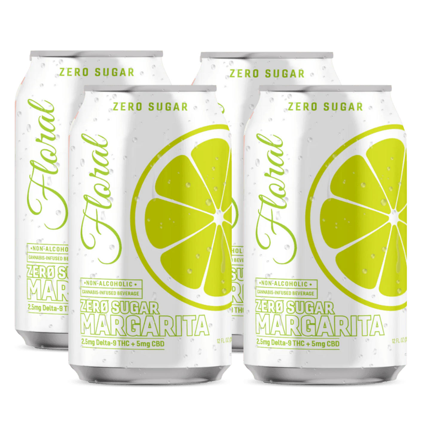 Four cans of 'Floral Zero Sugar Margarita' with lemon slices on a white background