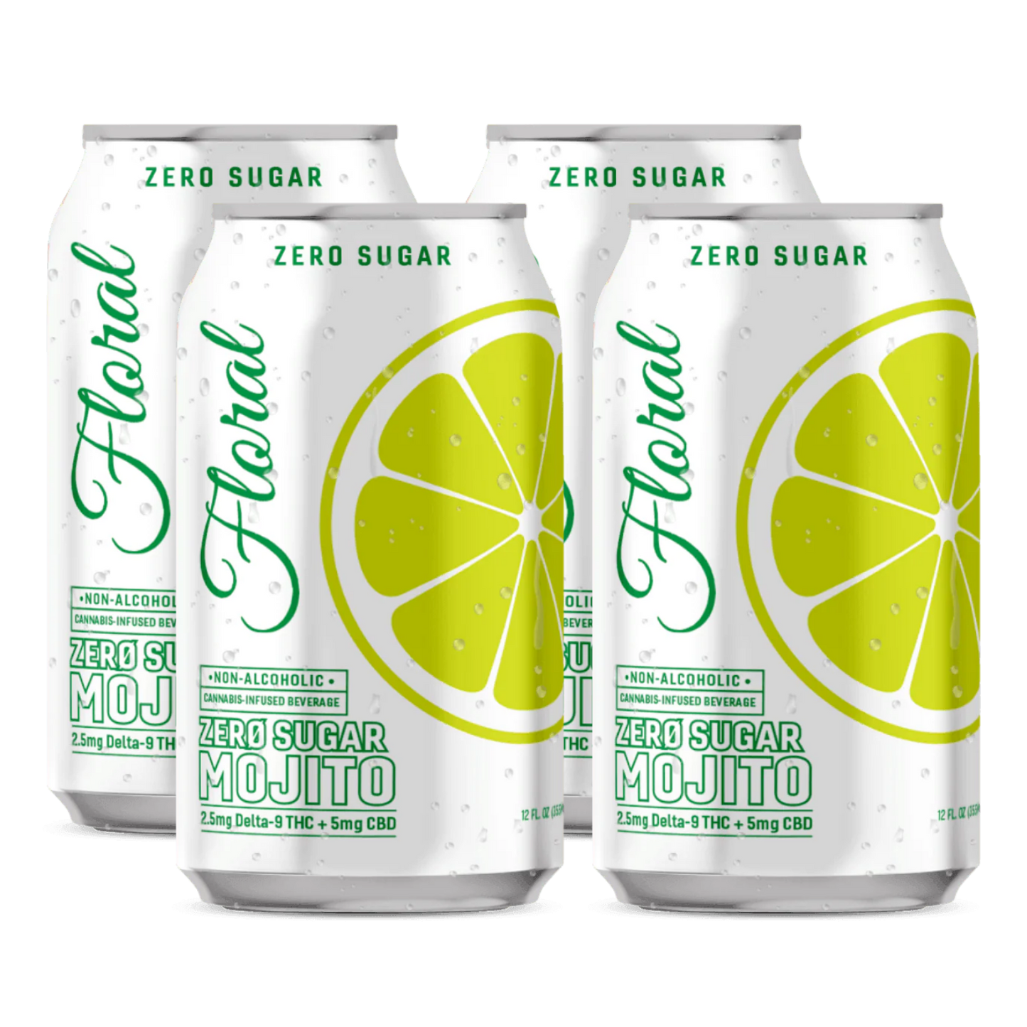Four cans of Floral Zero Sugar Mojito on a white background