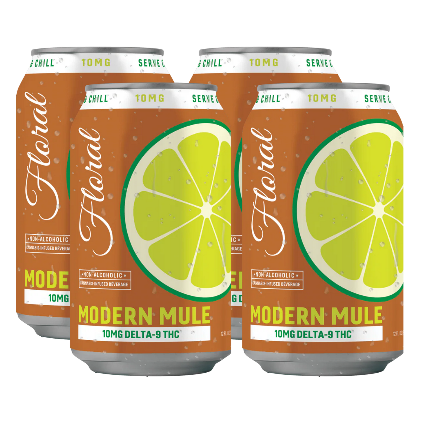 Six cans of 'Floral Modern Mule' non-alcoholic beverage with lime slices on a white background.
