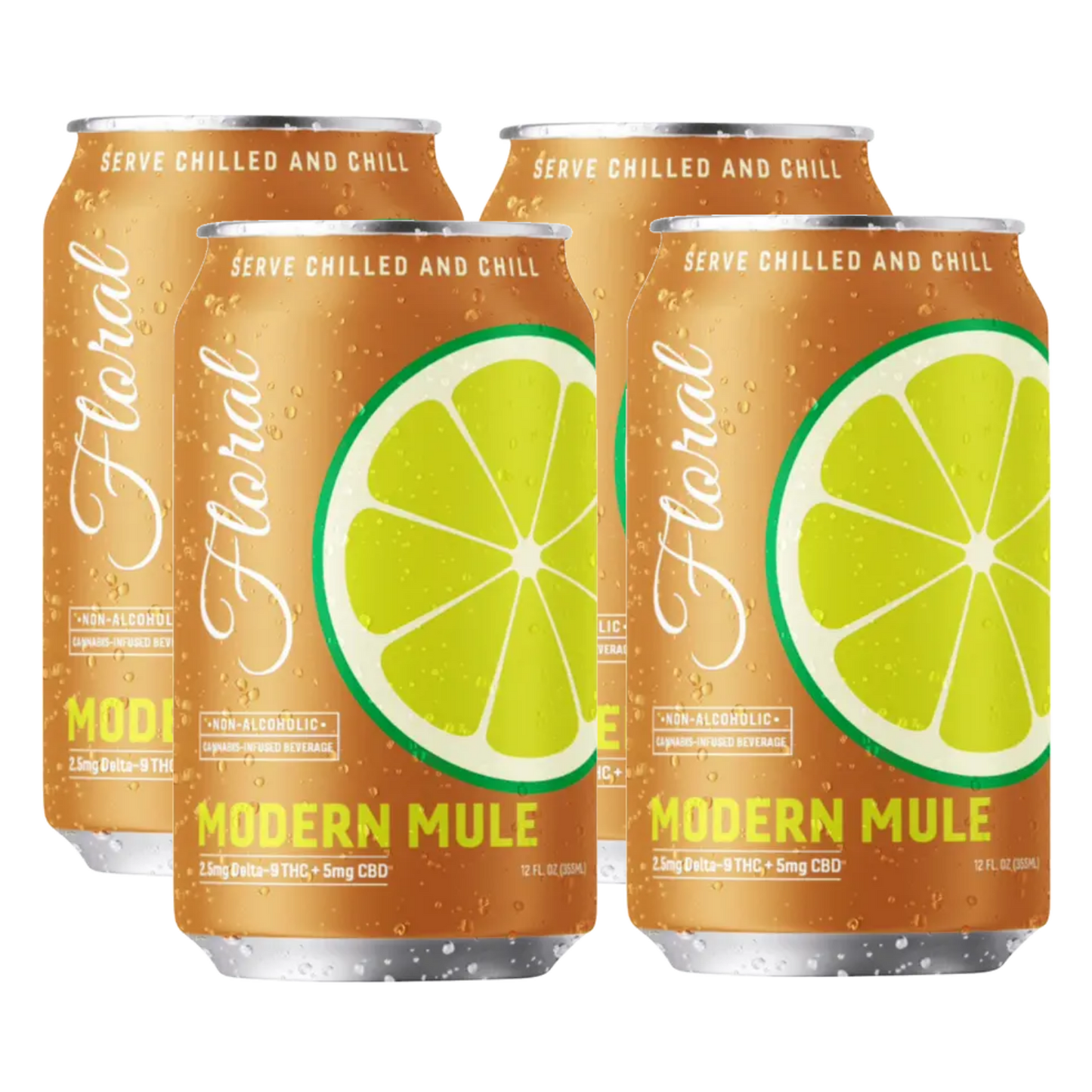 Four cans of 'Floral' Modern Mule non-alcoholic beverage with lime slices on a white background.