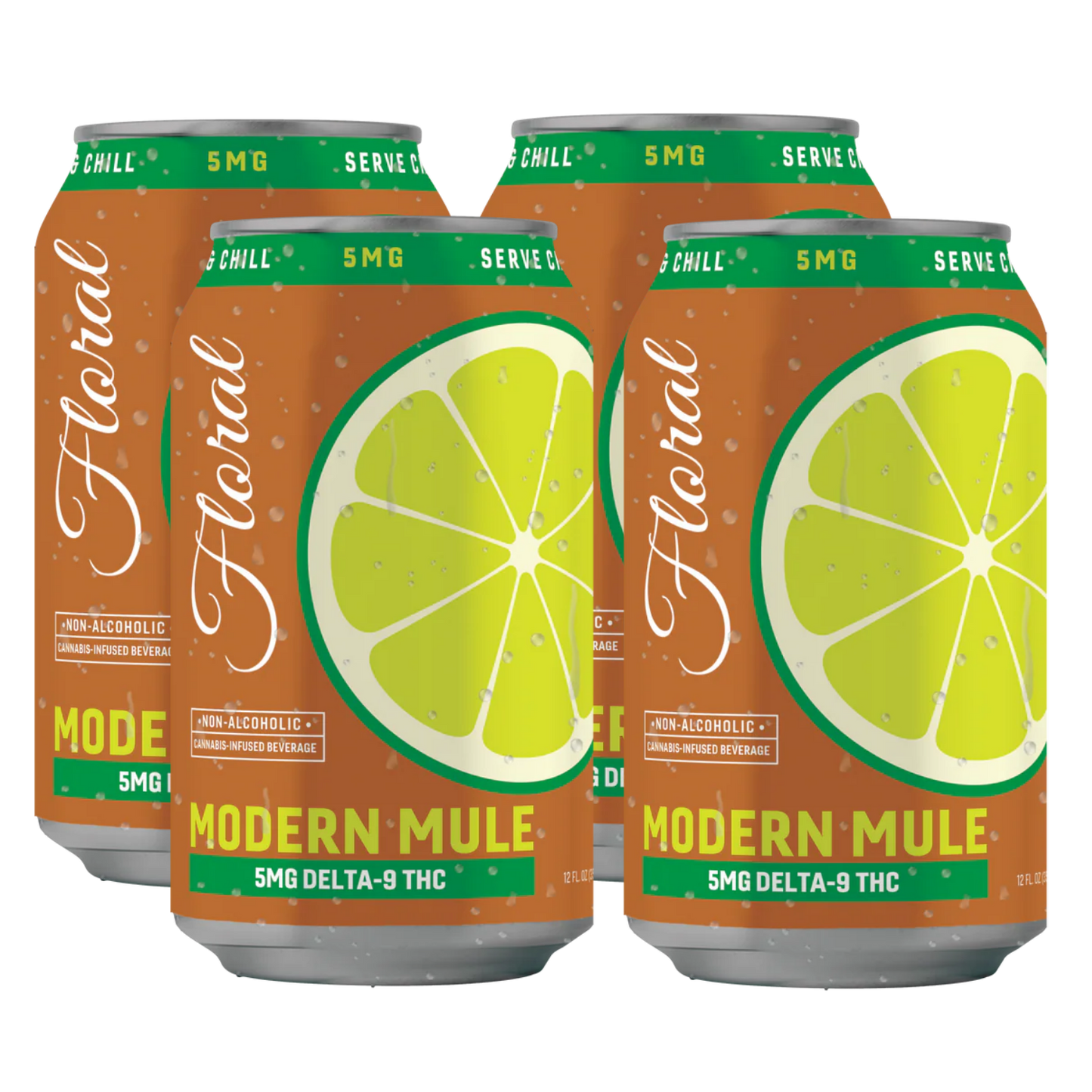 Three cans of 'Modern Mule' with lime slices on a white background
