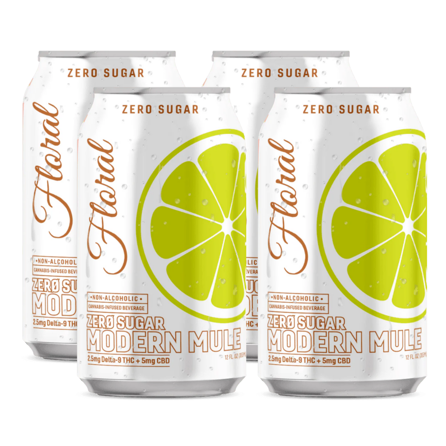Five cans of 'Floral' zero sugar modern mule with lime slices on a white background