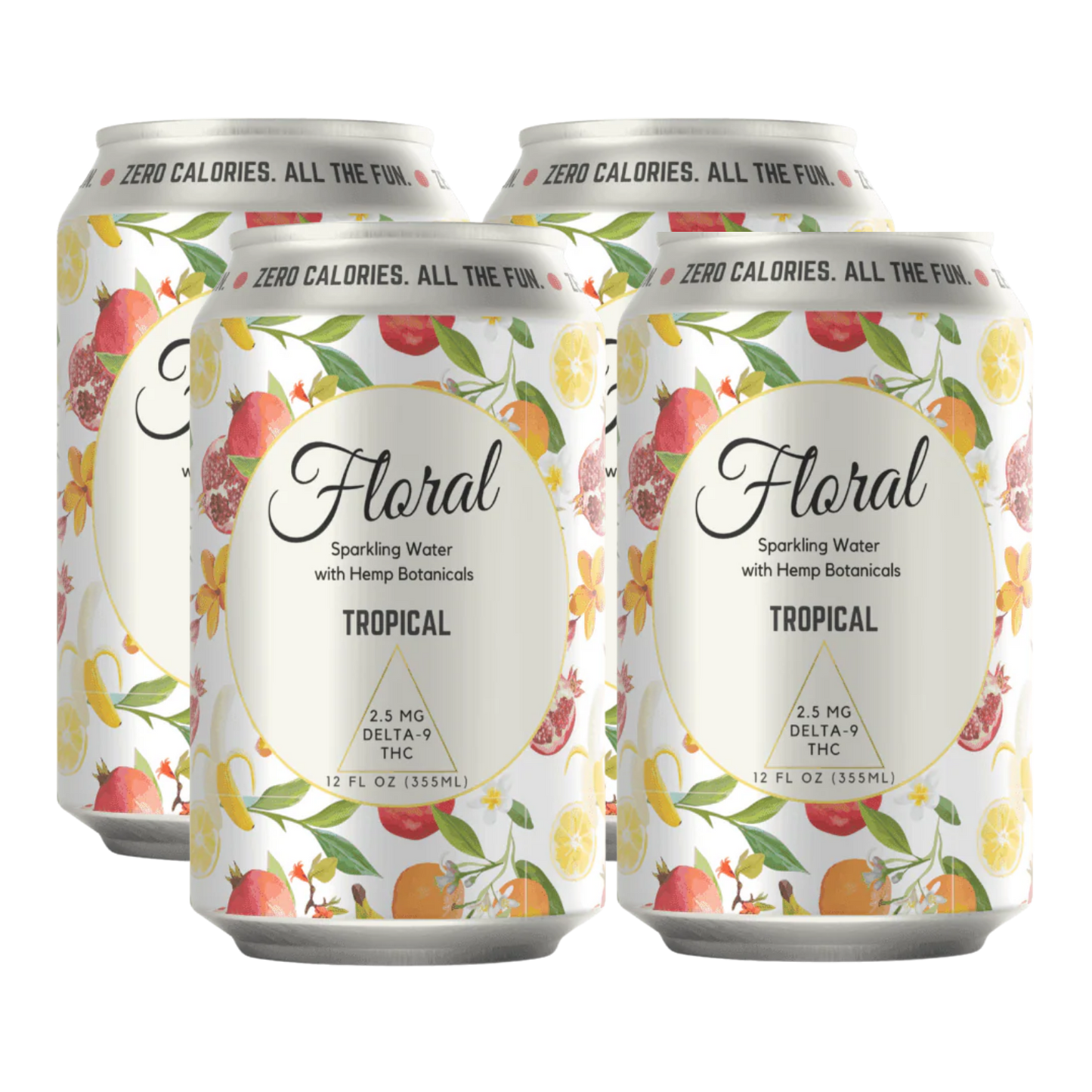 Four cans of 'Floral Tropical' drink on a white background