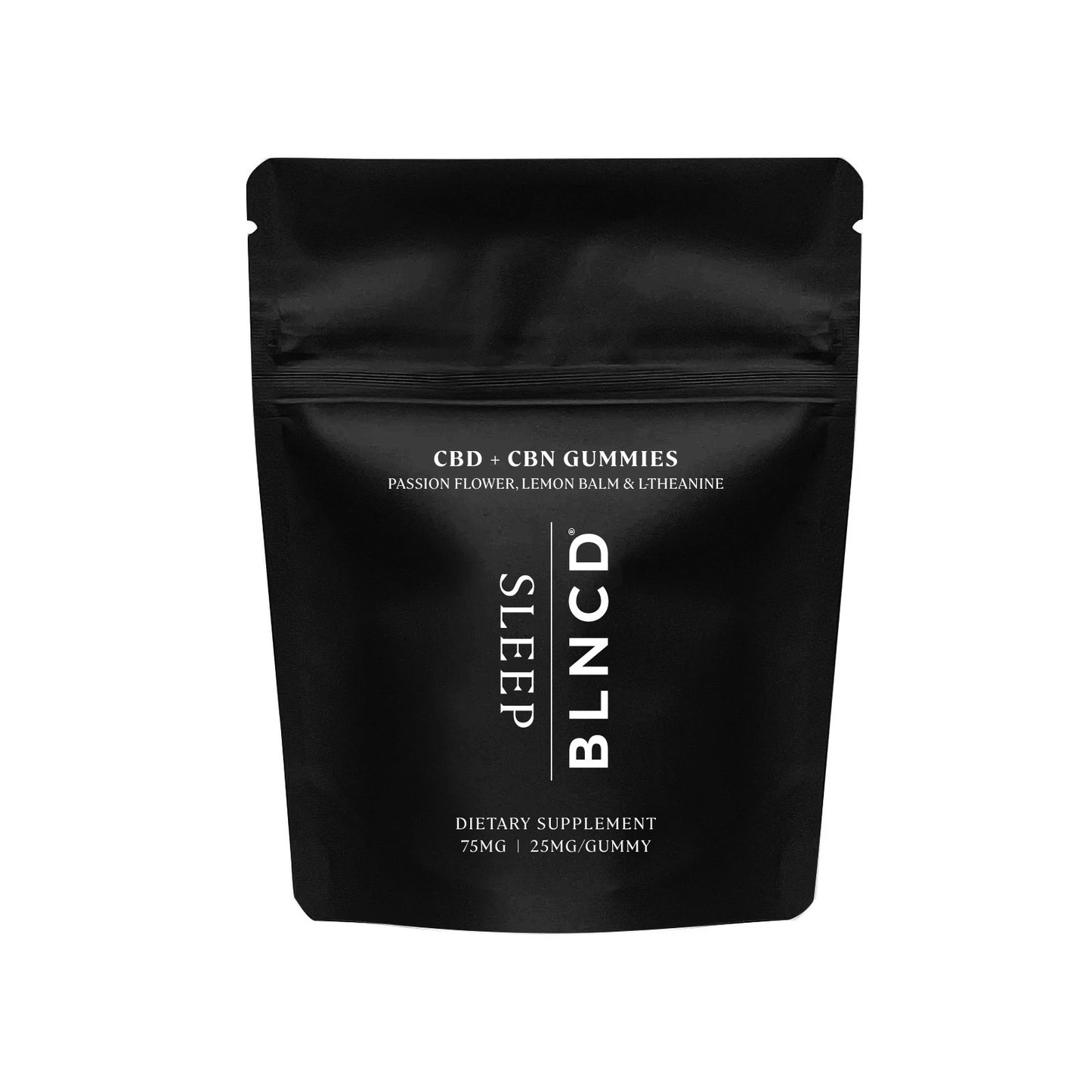 Black packaging of BLNCD CBD-CBN gummies on a white background