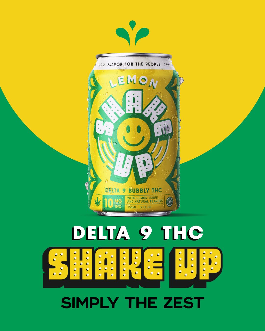 Can of Delta 9 THC 'Shake Up' on a green and yellow background