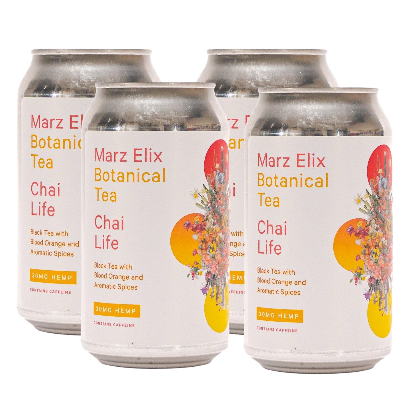 Four cans of Marz Elix Botanical Tea Chai Life on a white background