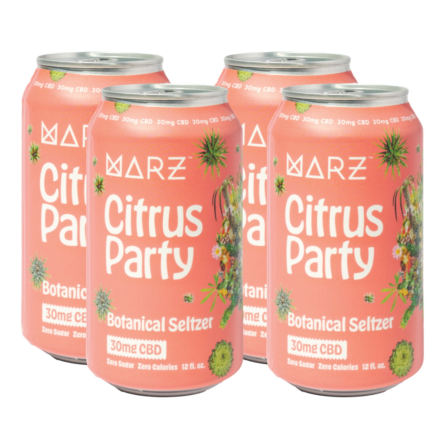 Four cans of Marz Citrus Party Botanical Seltzer on a white background