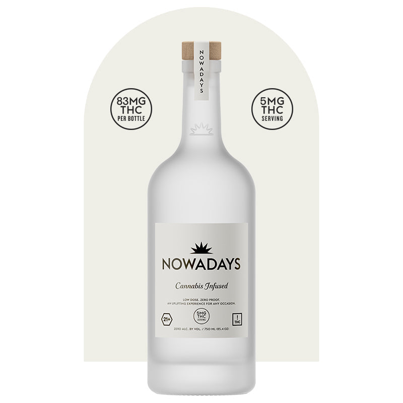This image features a sleek bottle of "Nowadays Low Dose," a cannabis-infused beverage. The bottle is tall and slender with a white label that clearly displays the product name and the fact that it contains 6mg THC per serving.