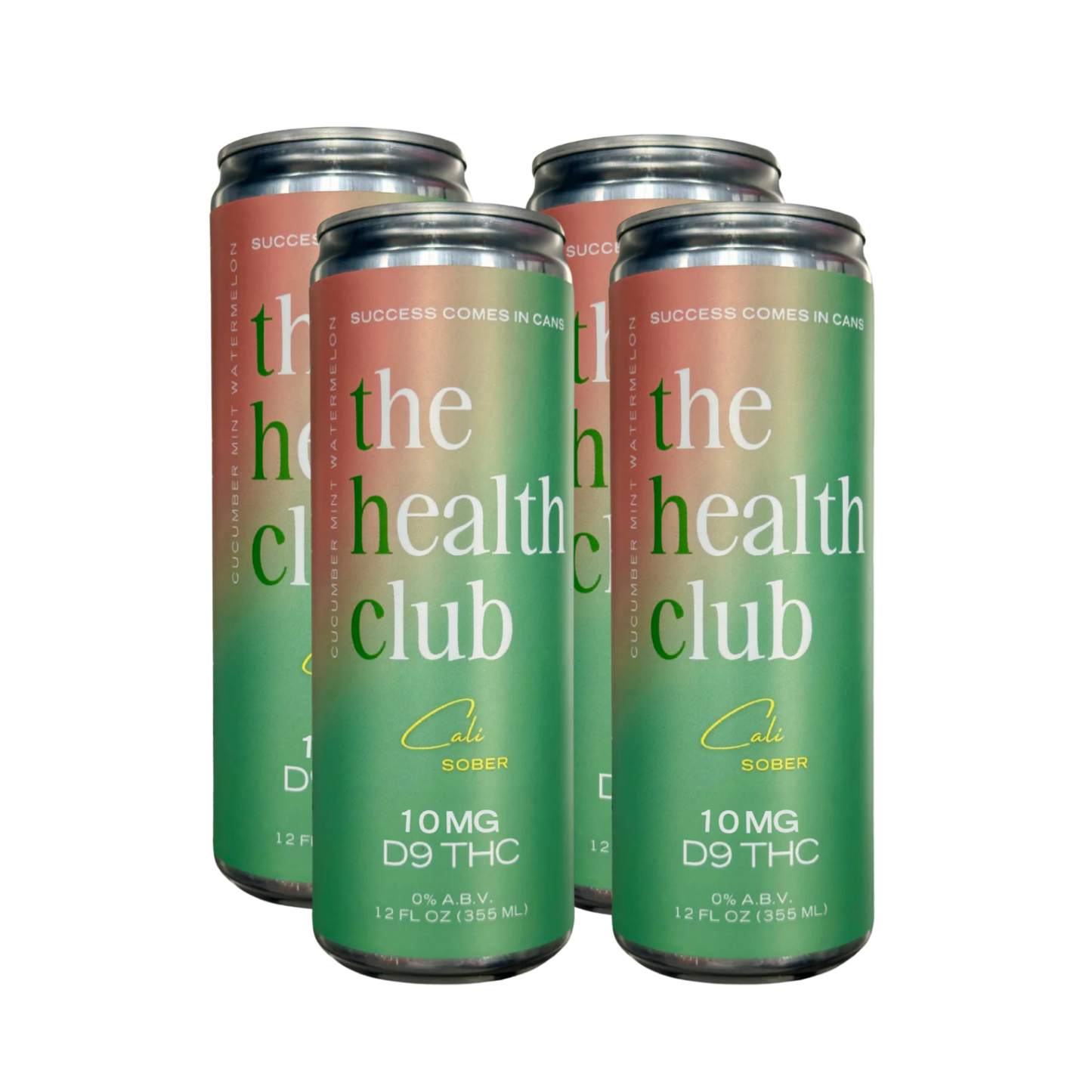 Four cans of 'the health club' on a white background
