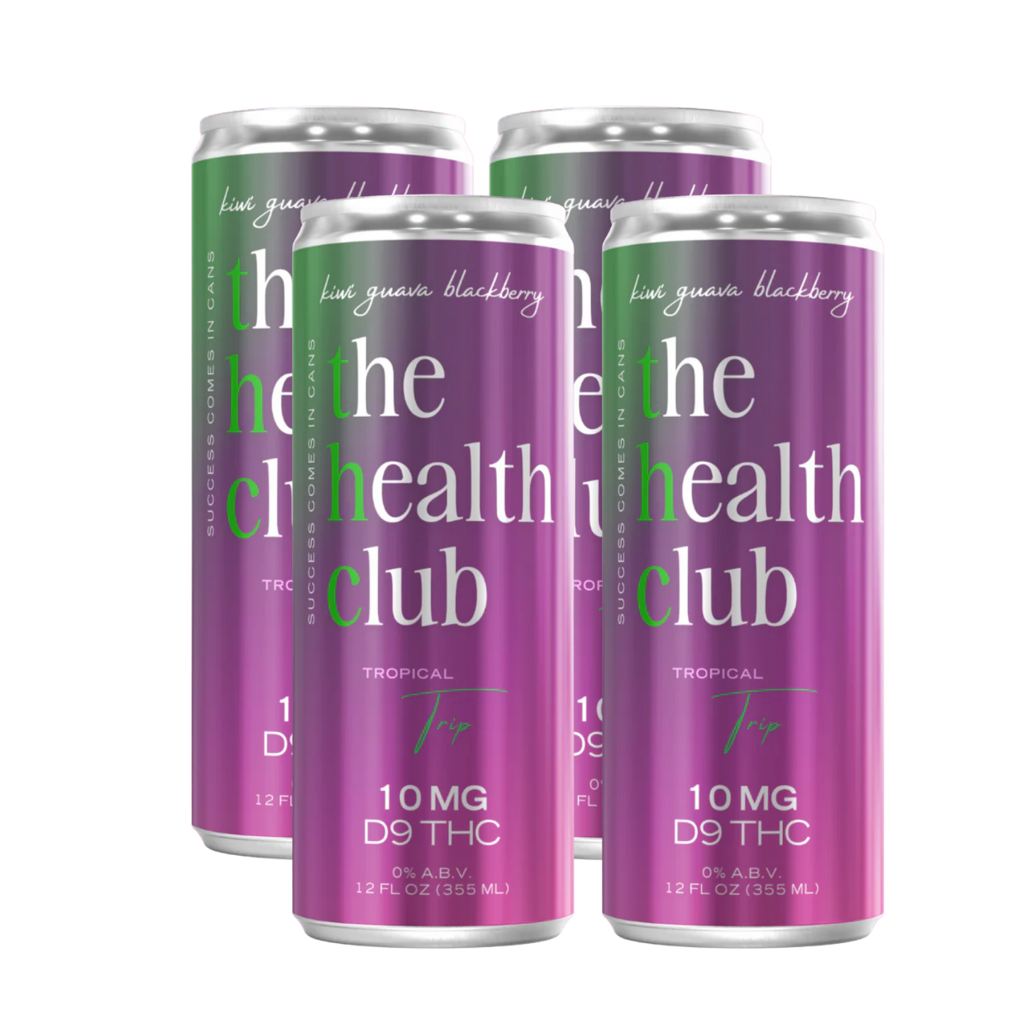 Four cans of 'the health club' tropical tea with visible branding on a white background
