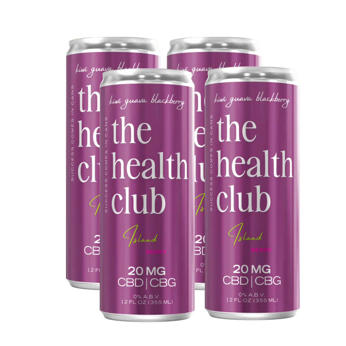 Purple cans of 'The Health Club' product on a white background
