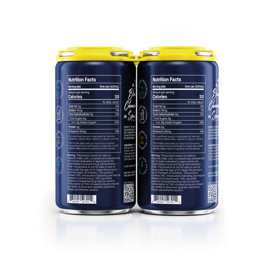 Two blue cans with yellow lids showing nutrition facts on a white background