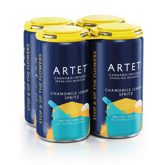 Four cans of Artet Chamomile Lemon Spritz sparkling beverage on a white background