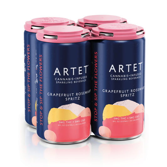 Four cans of Artet cannabis-infused sparkling beverage on a white background