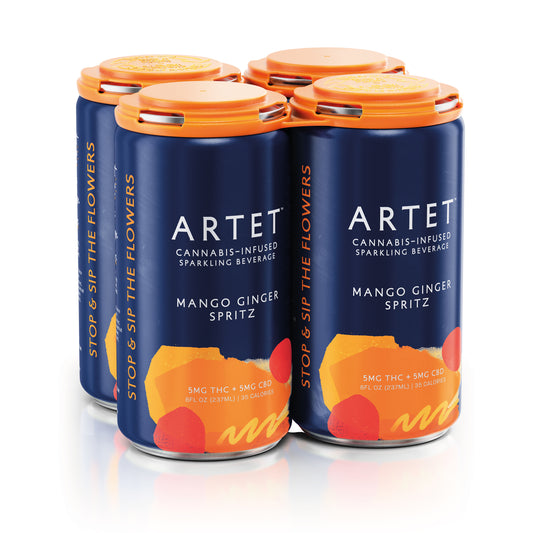 Four cans of Artet cannabis-infused sparkling beverage on a white background