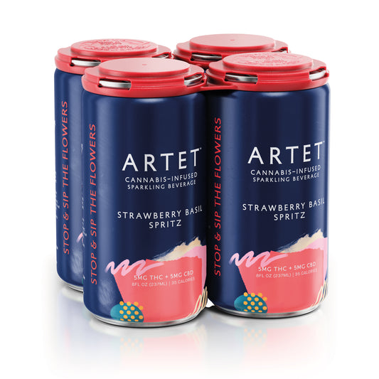 Four cans of Artet Strawberry Basil Spritz cannabis-infused sparkling beverage on a white background