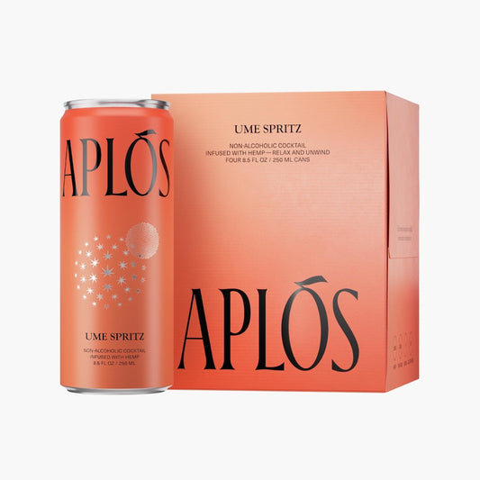 Aplós Ume Spritz non-alcoholic cocktail can and box on a white background
