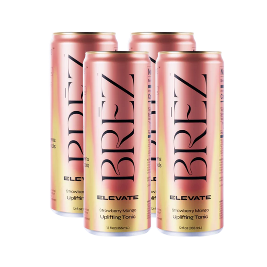 Four pink cans of BREZ Elevate on a white background