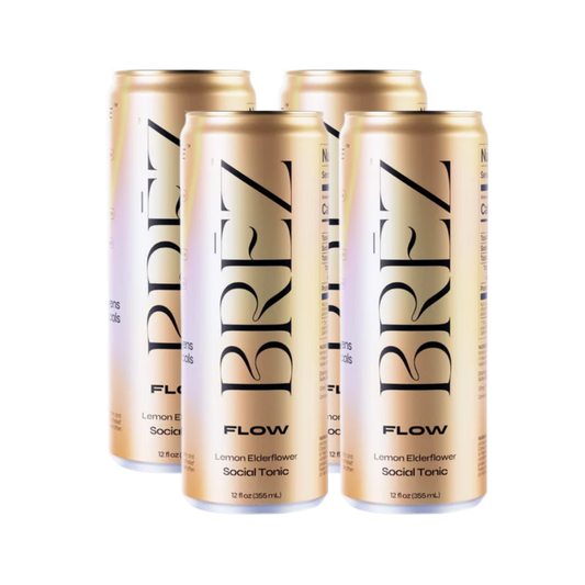 Four cans of BREZ Flow Lemon Elderflower Social Tonic on a white background