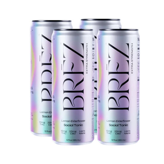 Four cans of BREZ Lemon Elderflower Social Tonic on a white background