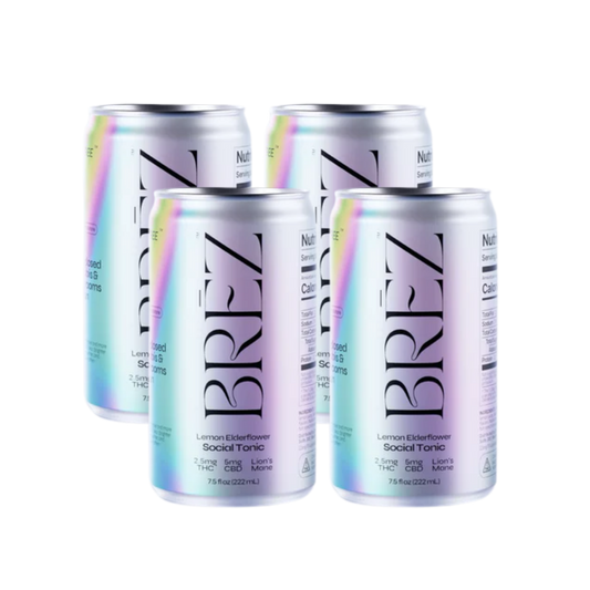 Four cans of BREZ Lemon Elderflower Social Tonic on a white background