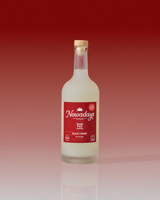 Bottle of Nowadays Black Cherry on a gradient red background