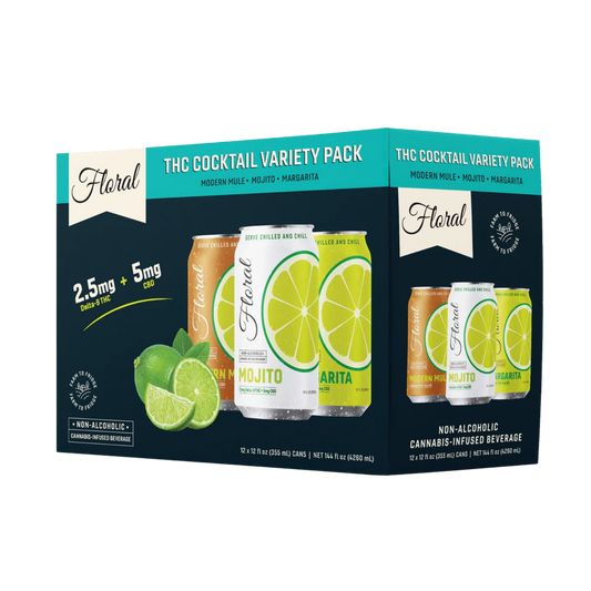 Floral cocktail variety pack box with lime graphics on a white background