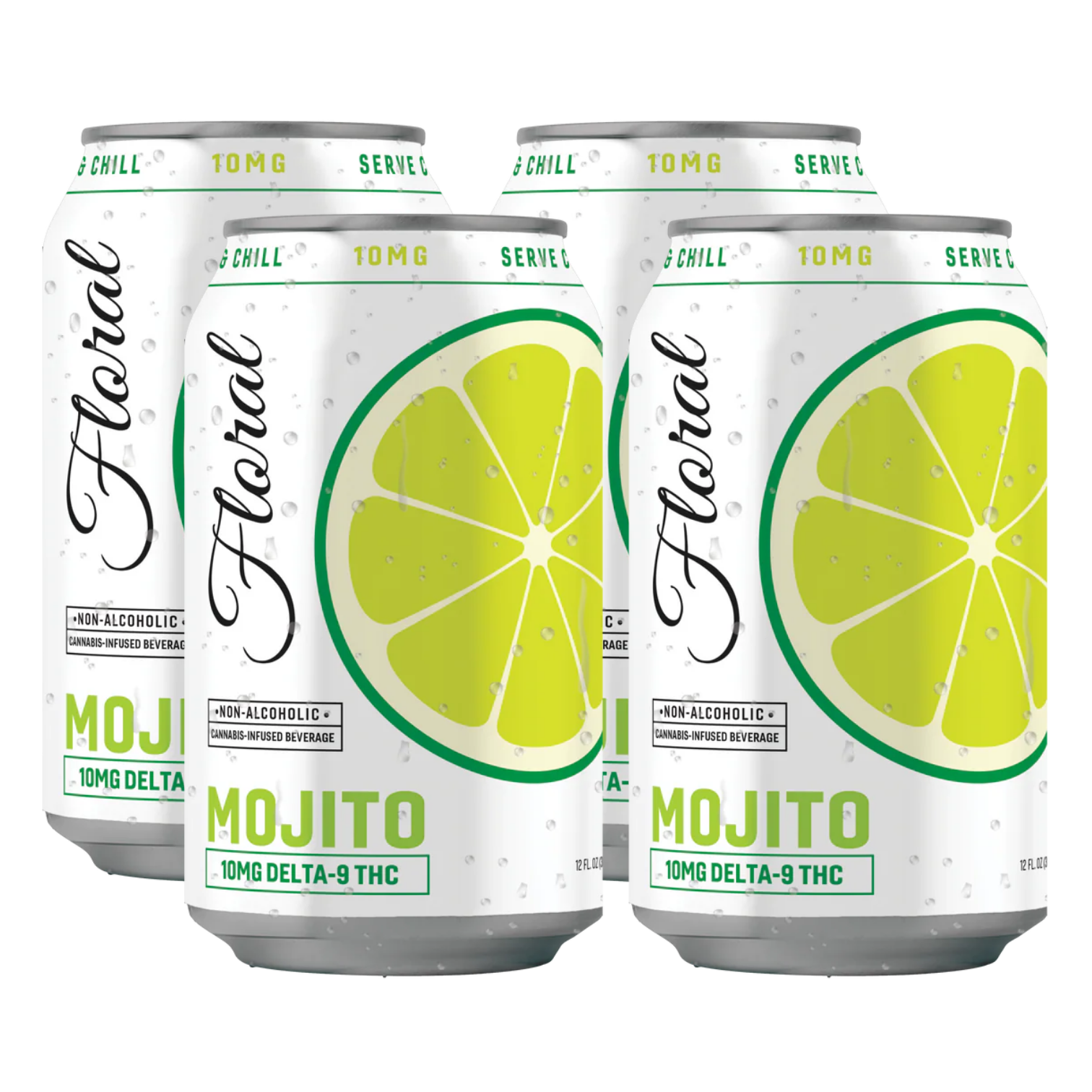 Five cans of Floral Mojito non-alcoholic beverage with lime slices on a white background