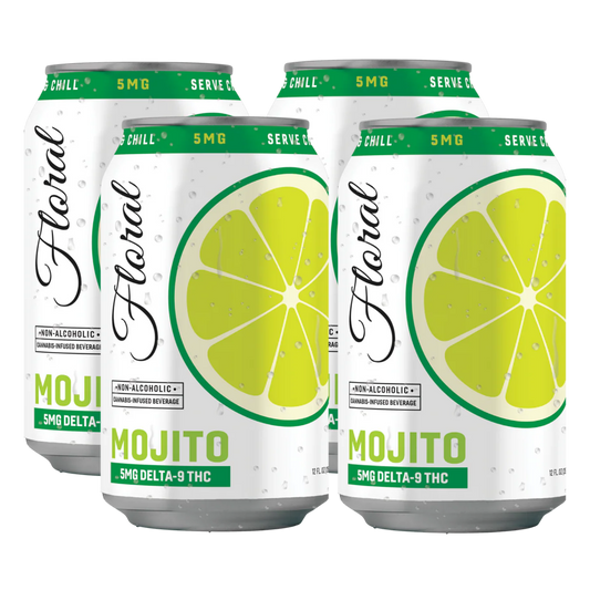 Three cans of Floral Mojito on a white background