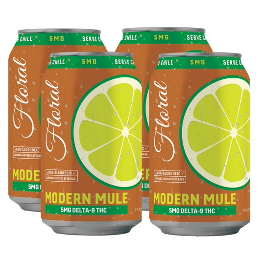 Three cans of 'Modern Mule' with lime slices on a white background