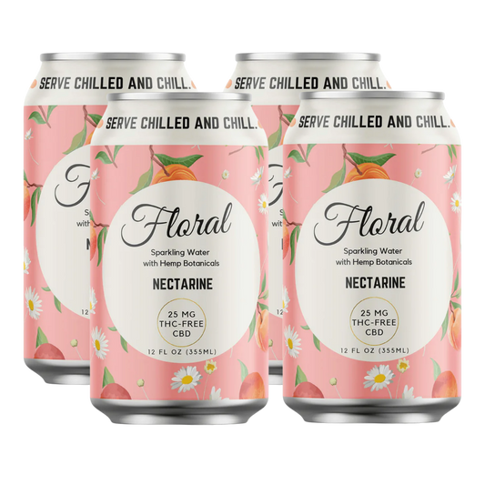 Four cans of Floral Nectarine sparkling water with hemp botanicals on a white background.