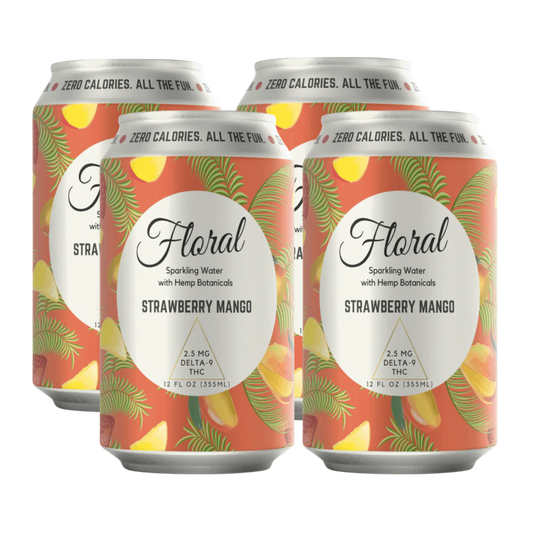 Four cans of Strawberry Mango flavored sparkling water with a floral label on a white background.