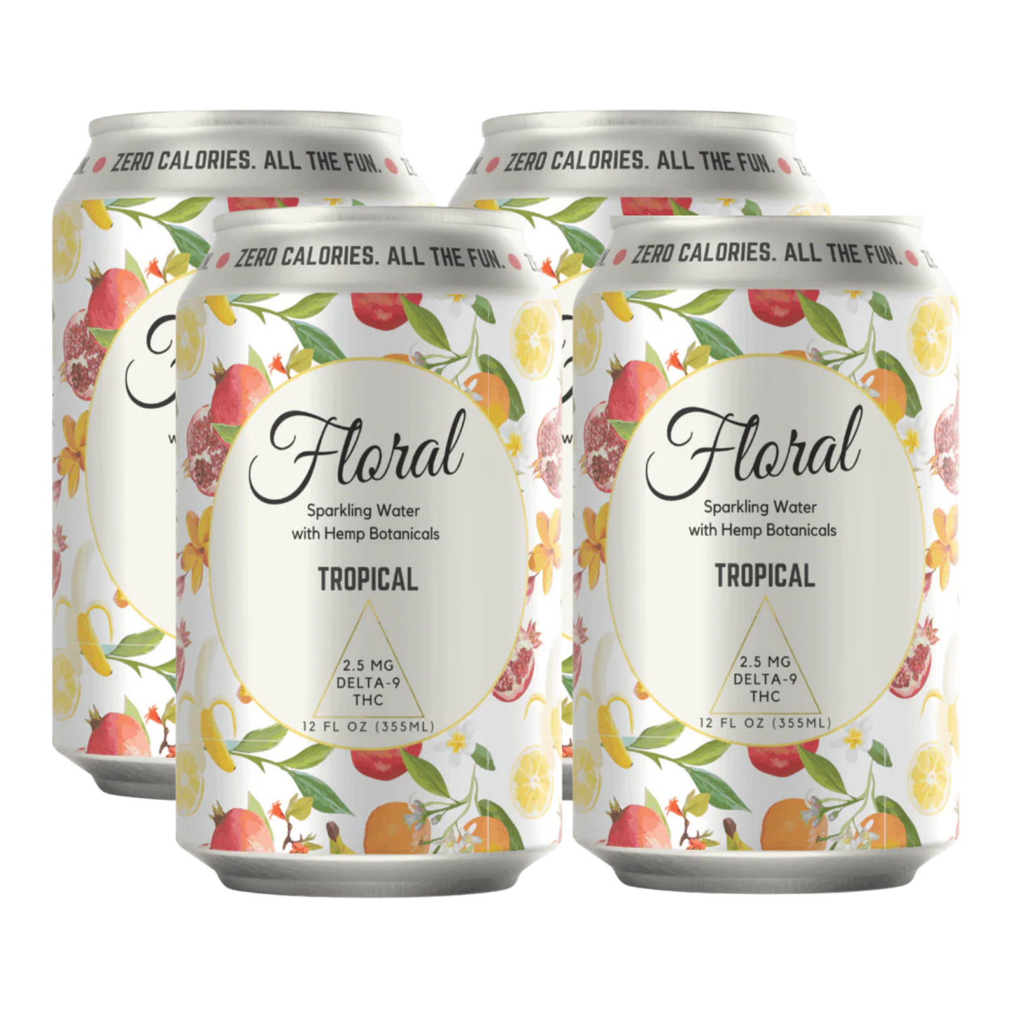Four cans of 'Floral Tropical' drink on a white background
