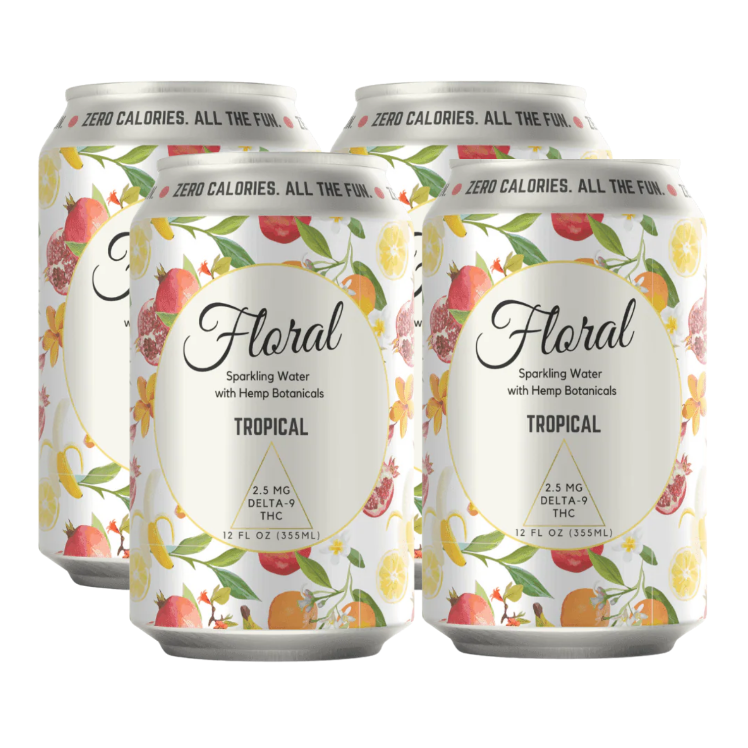 Four cans of 'Floral Tropical' drink on a white background