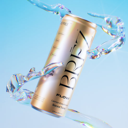 Breezy Flow lemon elderflower social tonic can with colorful swirls on a light blue background