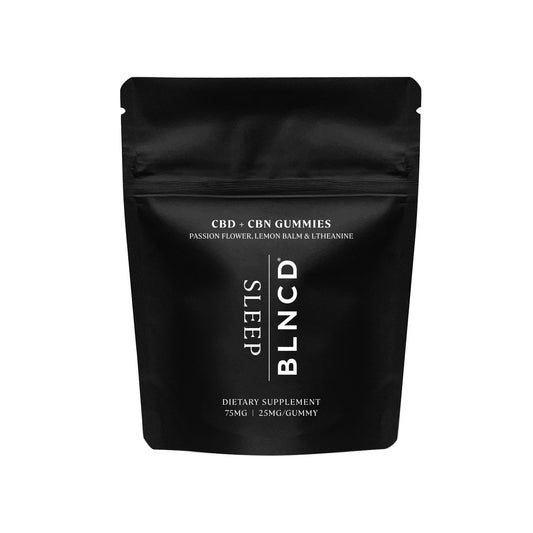 Black packaging of BLNCD CBD-CBN gummies on a white background