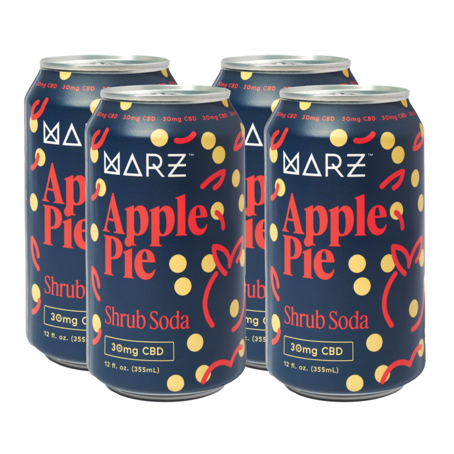 Four cans of Marz Apple Pie Shrub Soda on a white background