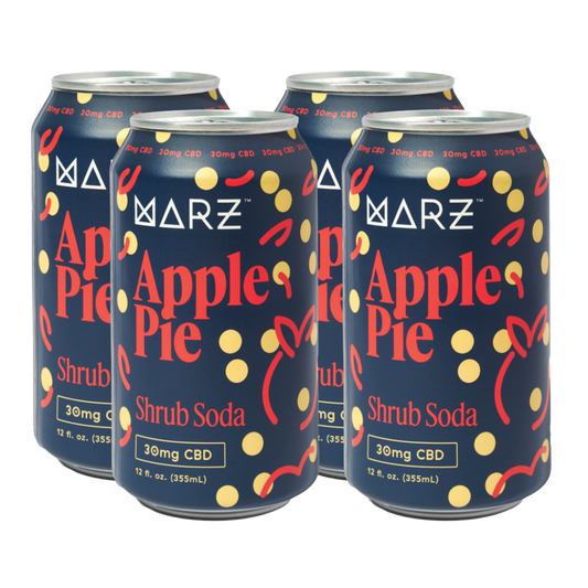 Four cans of Marz Apple Pie Shrub Soda on a white background