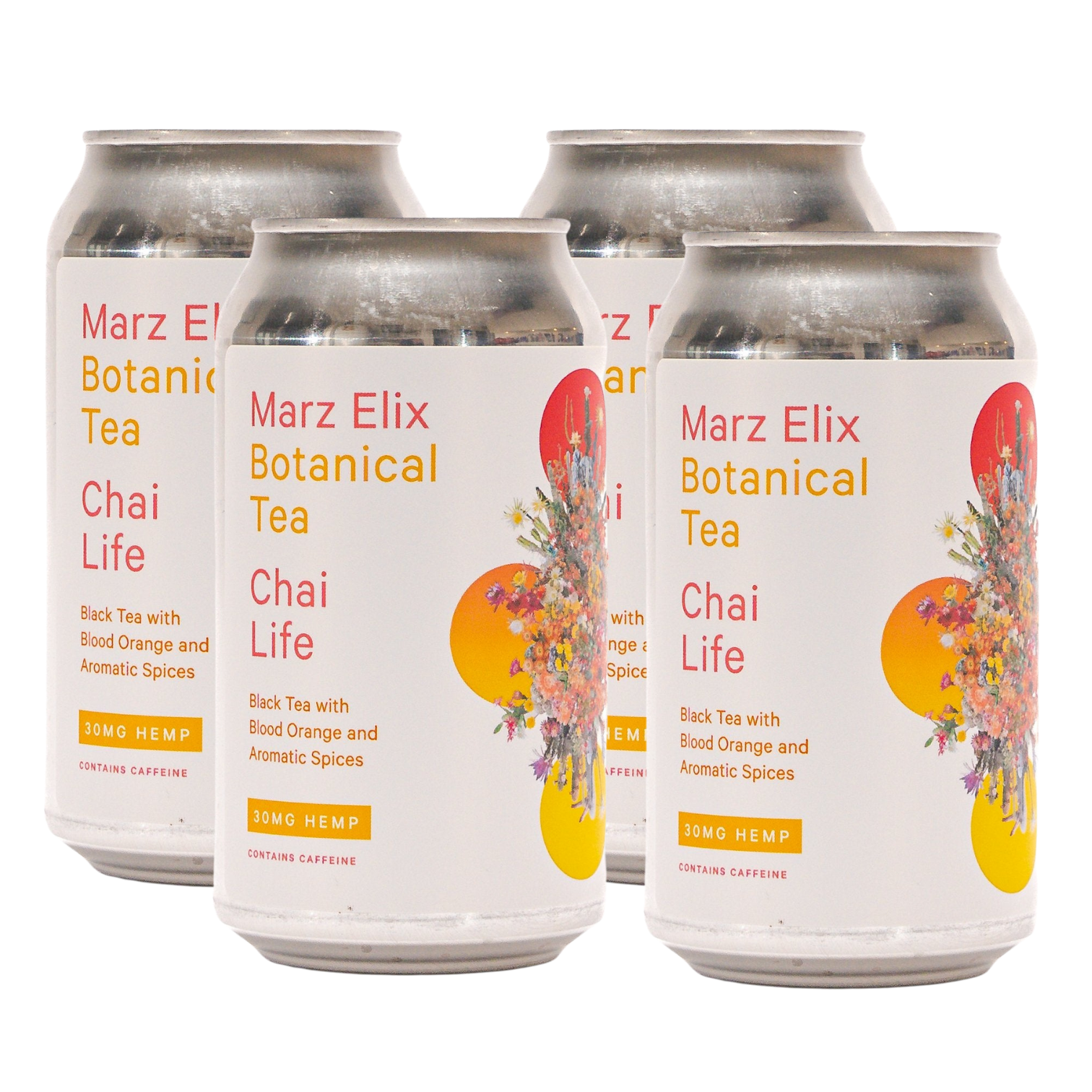Four cans of Marz Elix Botanical Tea Chai Life on a white background